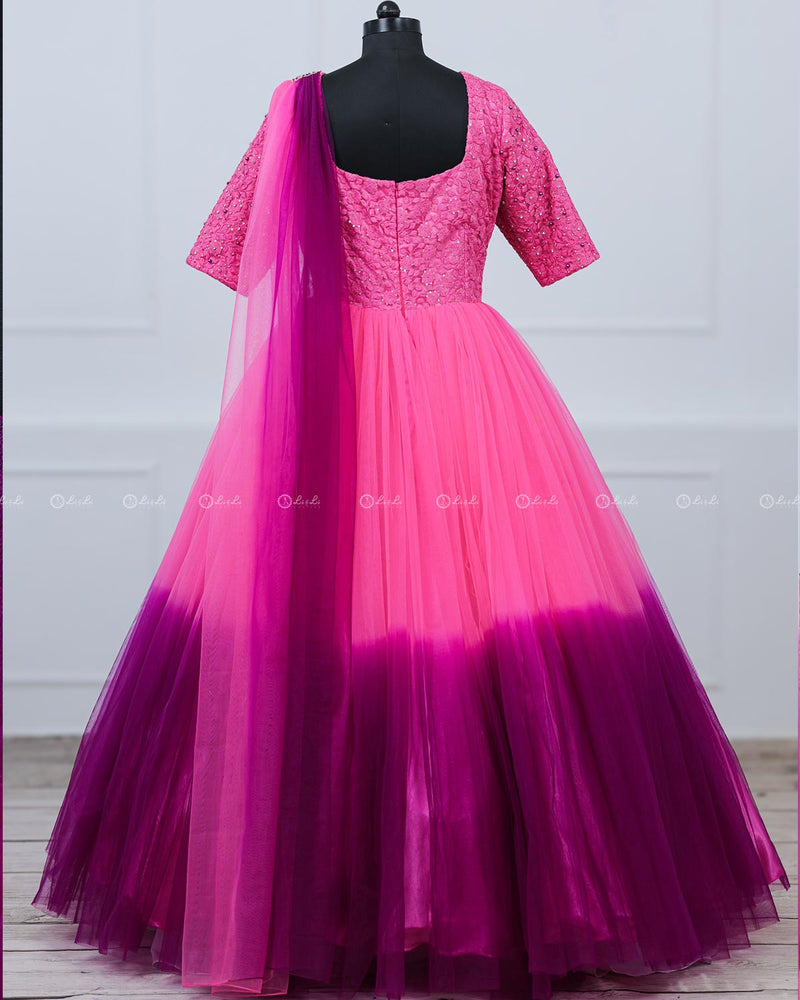 Rose Pink and Plum Purple Color Gradient Gown with Draped Dupatta.