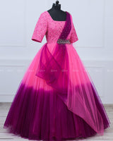 Rose Pink and Plum Purple Color Gradient Gown with Draped Dupatta.