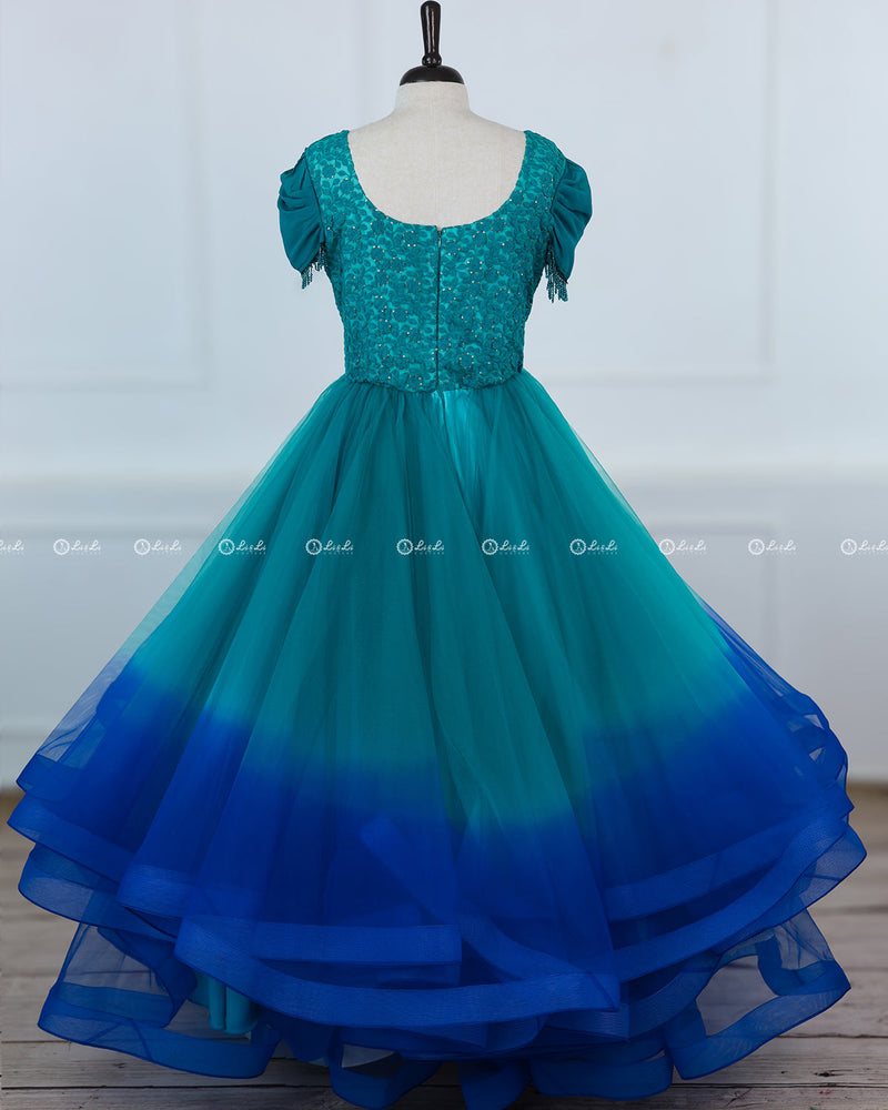 peacock blue color dress A-Line Puff Sleeves Satin Long Prom Dress, Peacock Blue L dresstby Line Long Prom Dress 2 Pieces Dark Peacock Blue