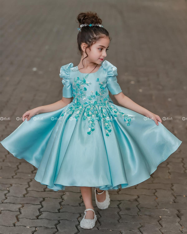 Light Sky Blue Elegant Dress Highlighted With Handcrafted Flowers.