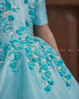 Light Sky Blue Elegant Dress Highlighted With Handcrafted Flowers.