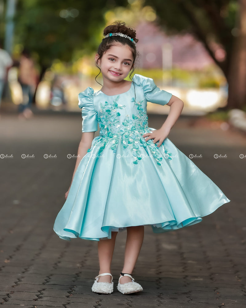 Light Sky Blue Elegant Dress Highlighted With Handcrafted Flowers.