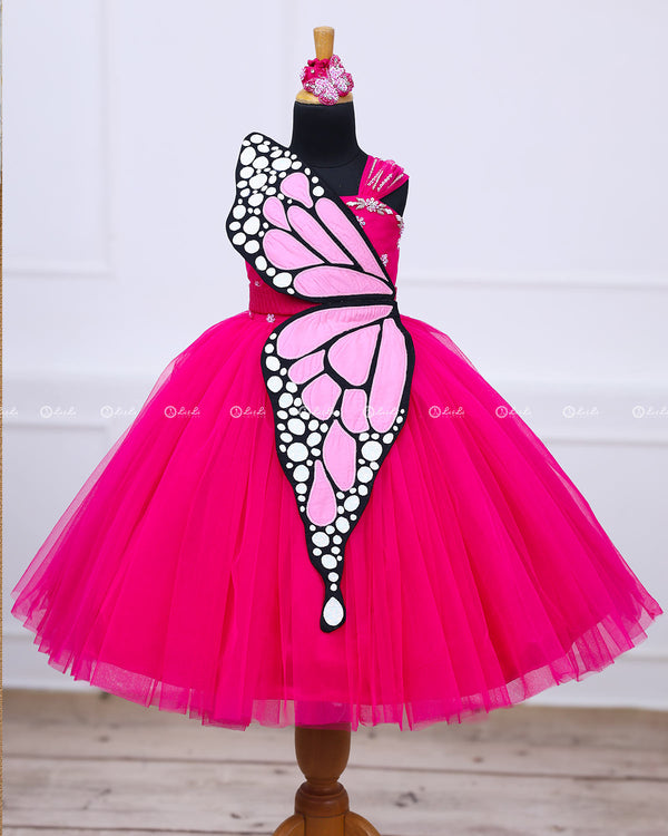 Monarch Butterfly Theme Gown in Hot Pink Color with Detachable Wings and Belt