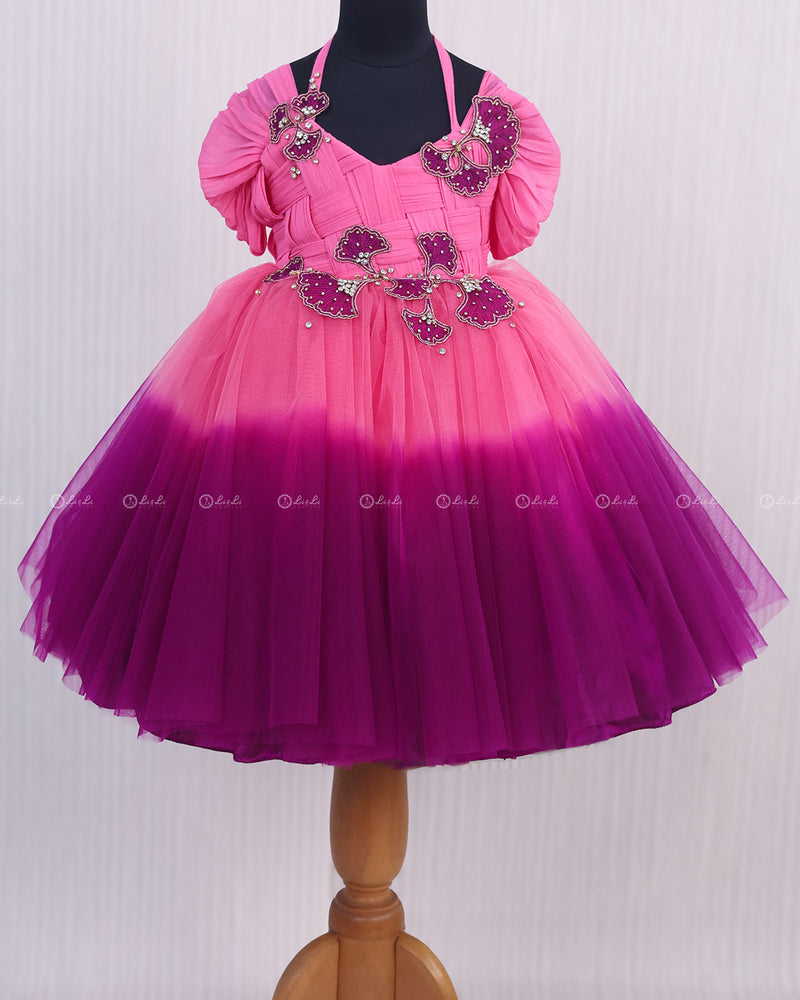 Smokey Pink and Purple Ombre Shaded Party Wear Gown With Weave Pattern Yoke