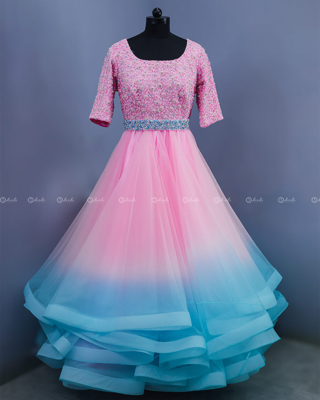 Baby Pink and Sky Blue Color Gradient Gown with Detachable Belt
