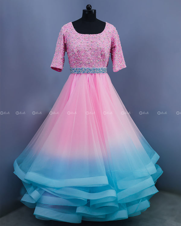 Baby Pink and Sky Blue Color Gradient Gown with Detachable Belt.