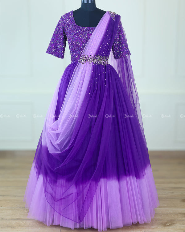 Purple and Lavender Color Gradient Gown with Draped Dupatta.