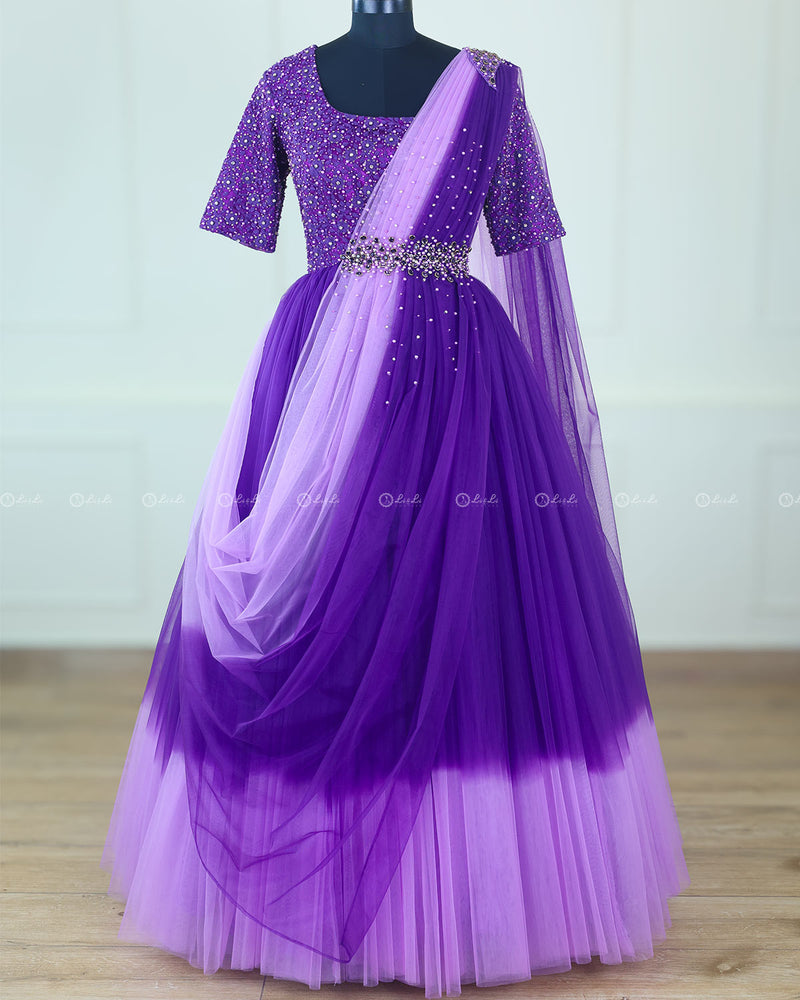 Purple and Lavender Color Gradient Gown with Draped Dupatta.