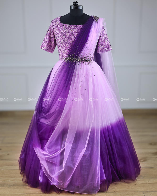 Lavender Pink and Grape Purple Color Gradient Gown with Draped Dupatta.