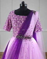 Lavender Pink and Grape Purple Color Gradient Gown with Draped Dupatta.