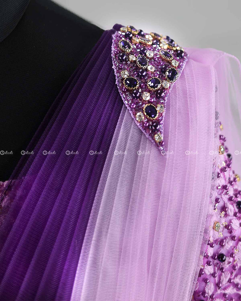 Lavender Pink and Grape Purple Color Gradient Gown with Draped Dupatta.