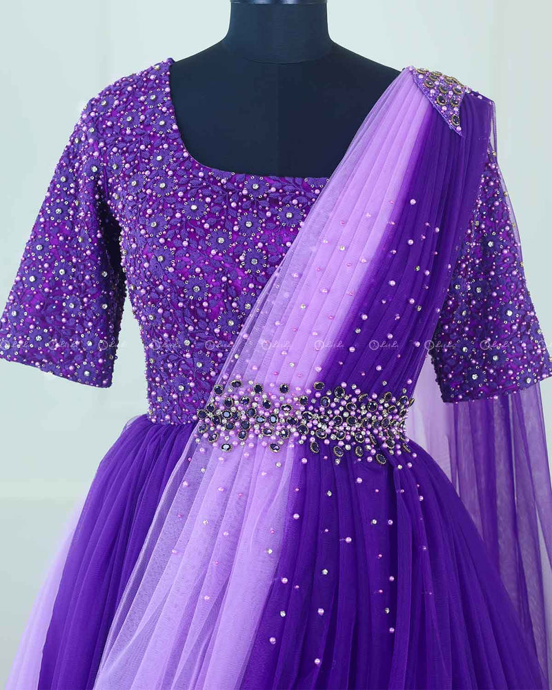 Purple and Lavender Color Gradient Gown with Draped Dupatta.