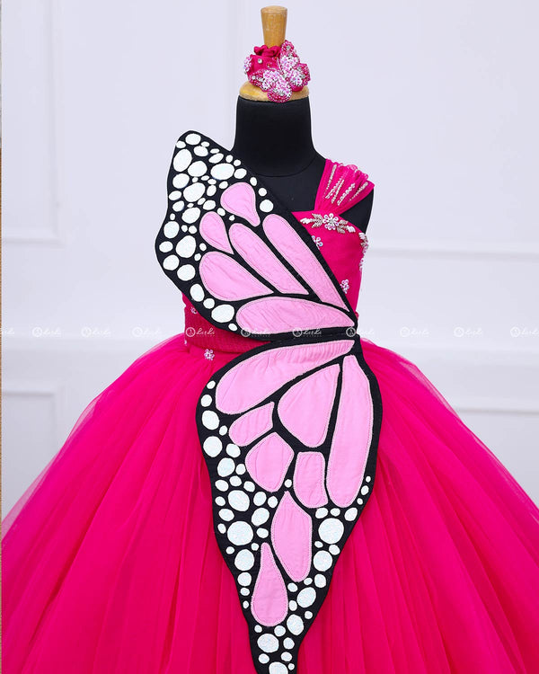 Monarch Butterfly Theme Gown in Hot Pink Color with Detachable Wings and Belt