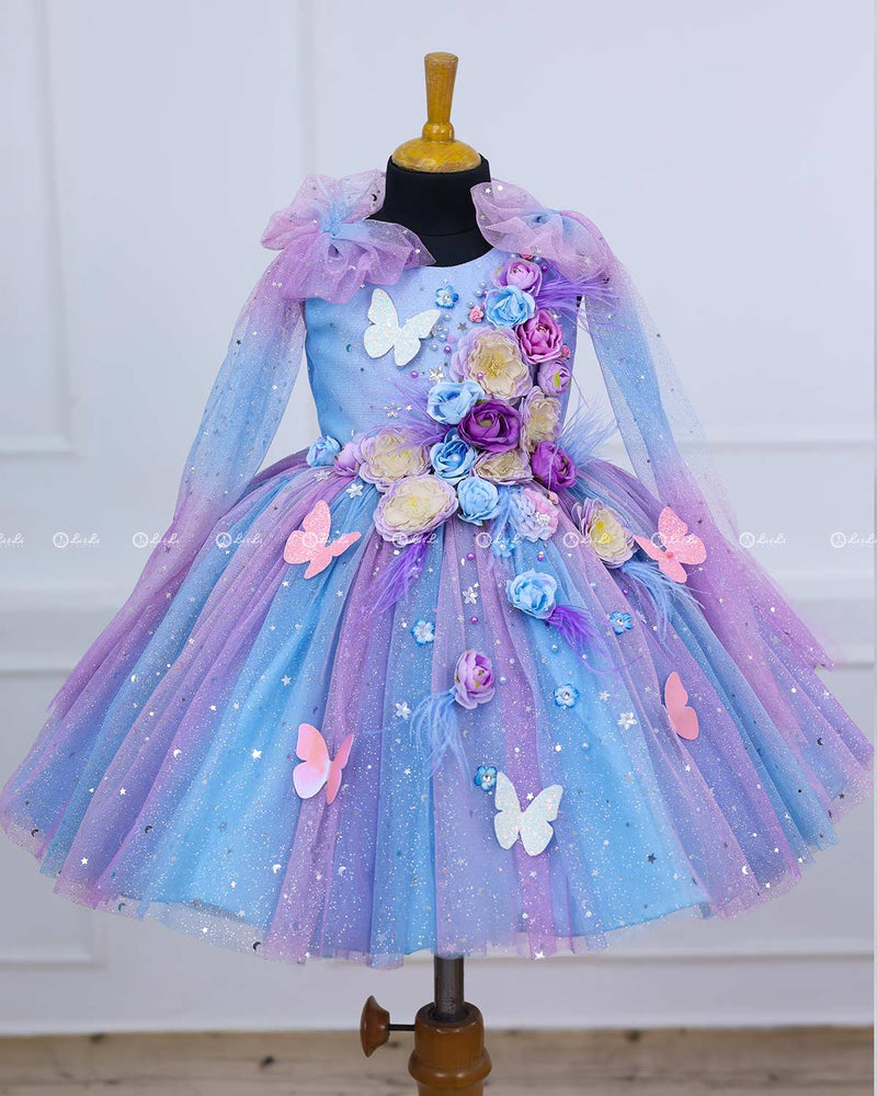 Blue & Lavender Shade Ball Gown with Attachable Sleeve Trail