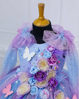 Blue & Lavender Shade Ball Gown with Attachable Sleeve Trail