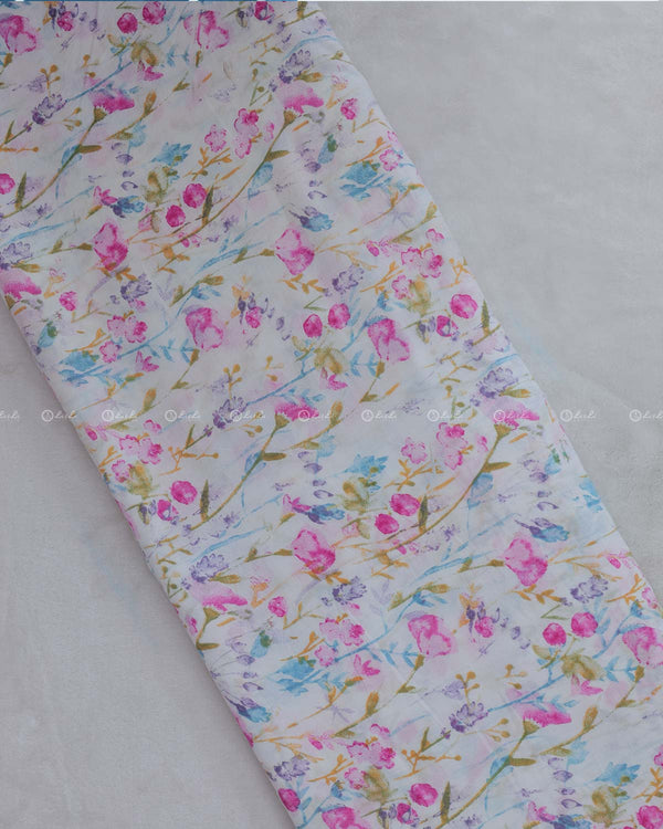 White Cotton Fabric with Floral Print