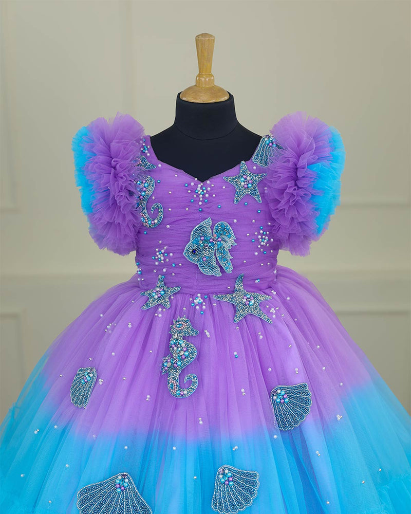 Aquamarine - Lavender and Pale Turquoise Double Shaded Party Gown with Heavy Bead Patches of Underwater Theme