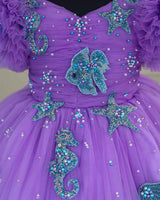 Aquamarine - Lavender and Pale Turquoise Double Shaded Party Gown with Heavy Bead Patches of Underwater Theme