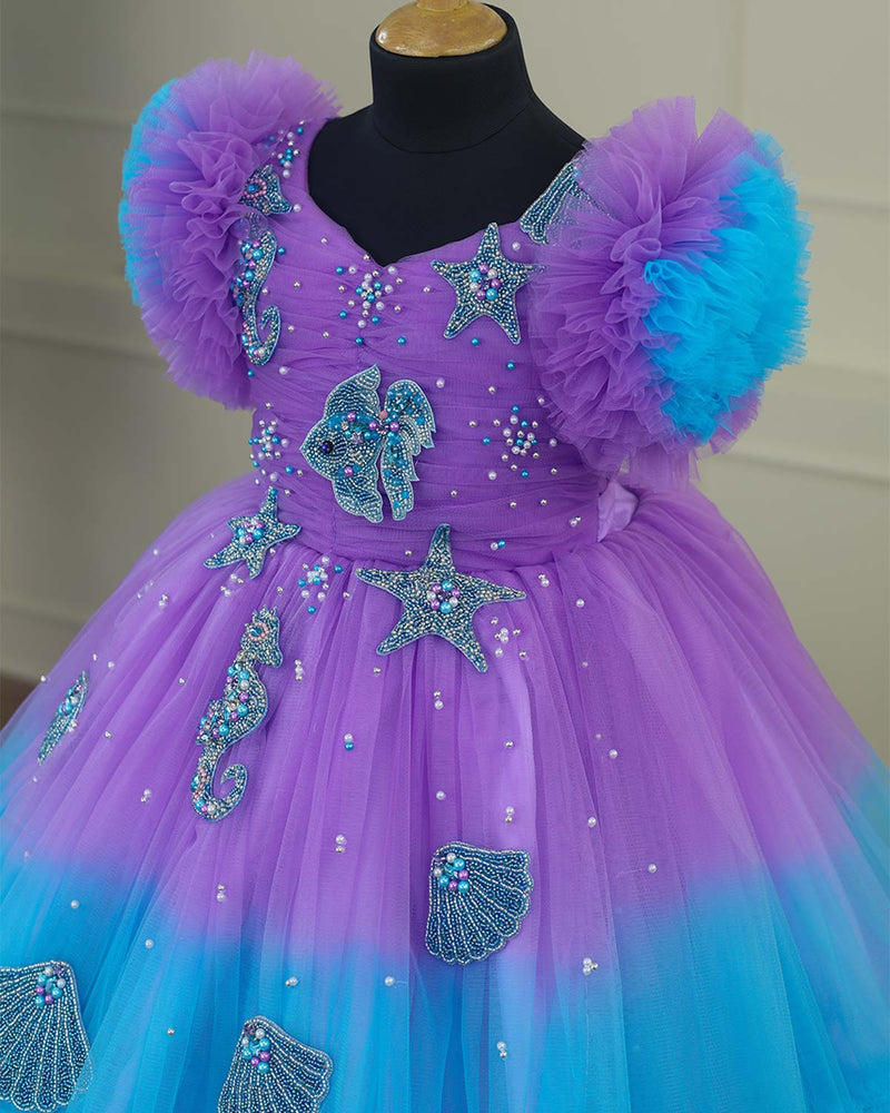 Aquamarine - Lavender and Pale Turquoise Double Shaded Party Gown with Heavy Bead Patches of Underwater Theme