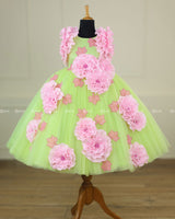 Neon Green and Pink Colour Couture Party Gown With Hand Crafted Flower Details & Maple Leaf Applique