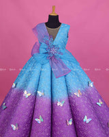 Blue and Lavender Double Shaded Panel Gown with Fabric Manipulated Twirled Detachable Belt