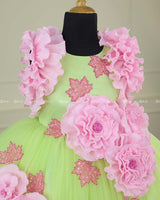 Neon Green and Pink Colour Couture Party Gown With Hand Crafted Flower Details & Maple Leaf Applique