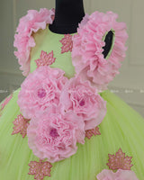 Neon Green and Pink Colour Couture Party Gown With Hand Crafted Flower Details & Maple Leaf Applique