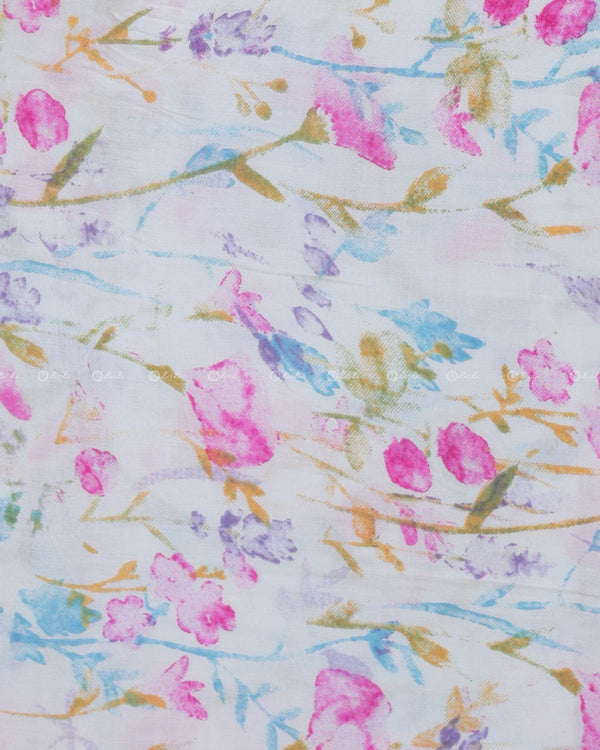 White Cotton Fabric with Floral Print