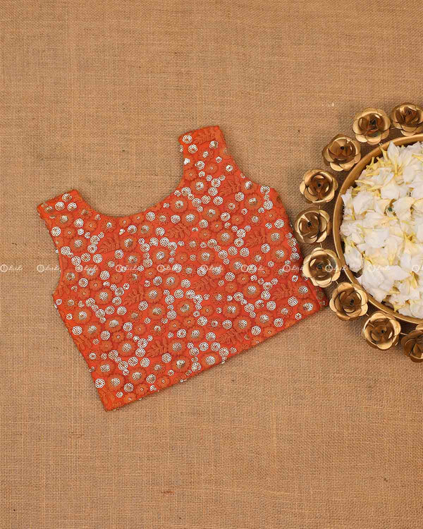 Heavy Embroidery and Sequins Orange Color Ethnic Top.