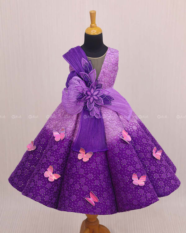 Orchid and Purple Double Shaded Panel Gown with Fabric Manipulated Twirled Detachable Belt