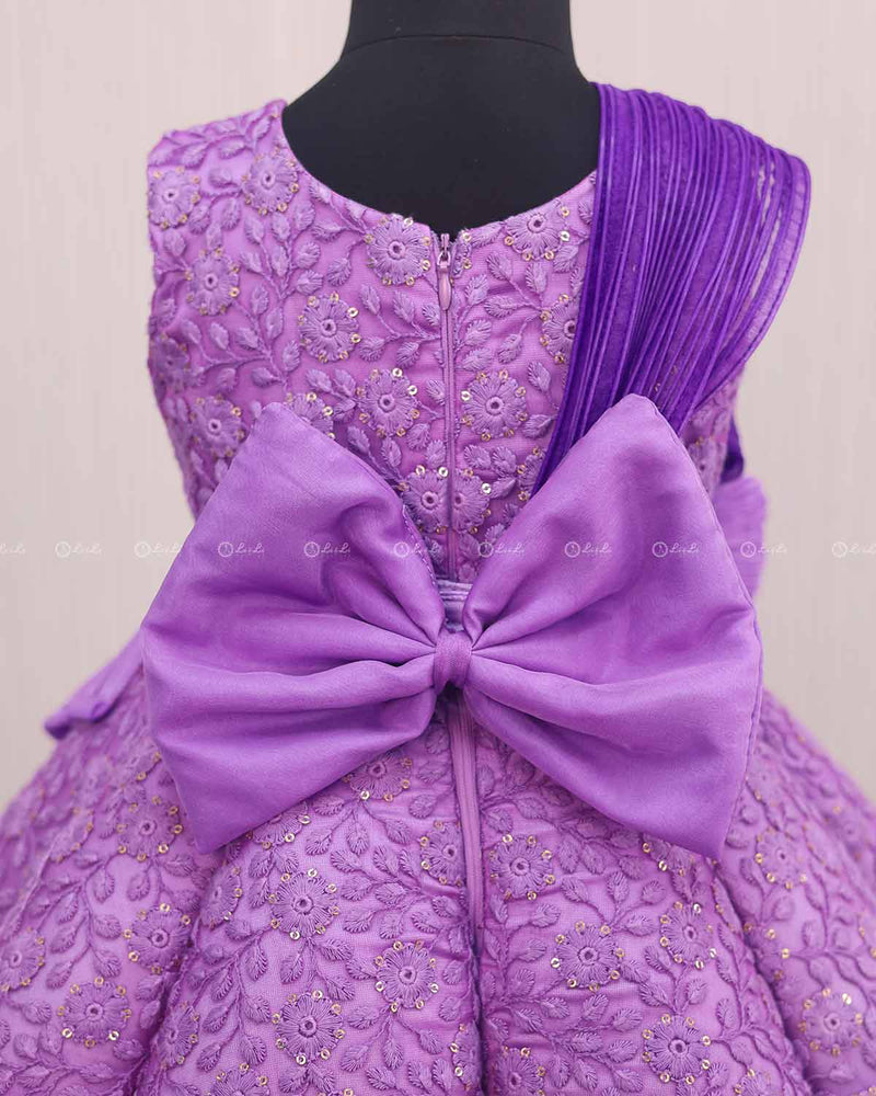 Orchid and Purple Double Shaded Panel Gown with Fabric Manipulated Twirled Detachable Belt