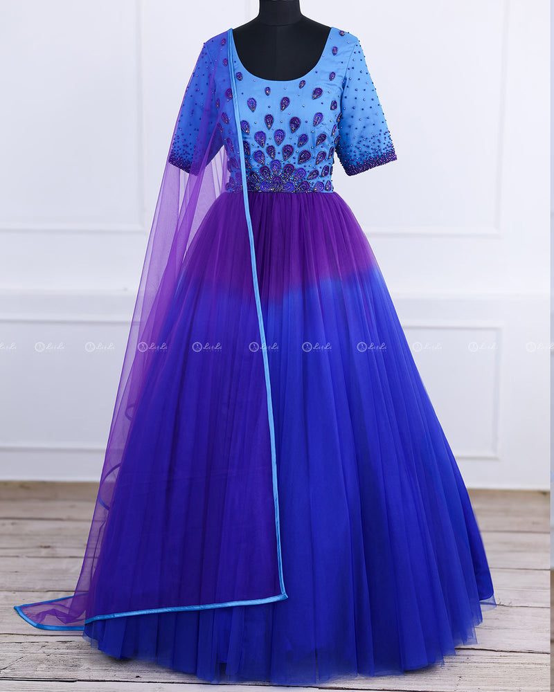 Peacock Theme Gown in Blue & Purple with Dupatta