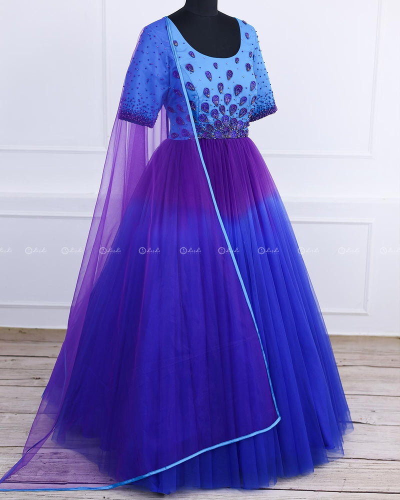 Peacock Theme Gown in Blue & Purple with Dupatta