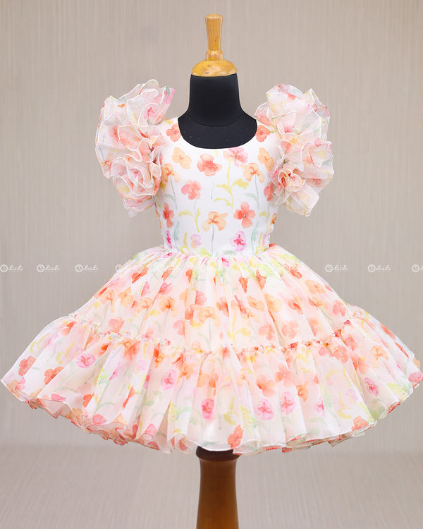 Peach Floral Printed Organza Short Dress.