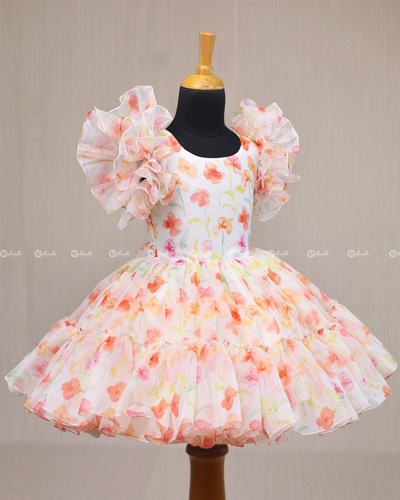 Peach Floral Printed Organza Short Dress.