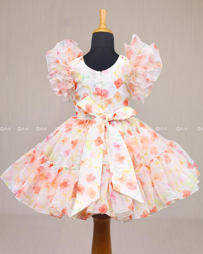 Peach Floral Printed Organza Short Dress.