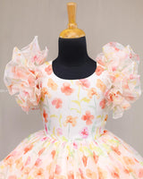 Peach Floral Printed Organza Short Dress.