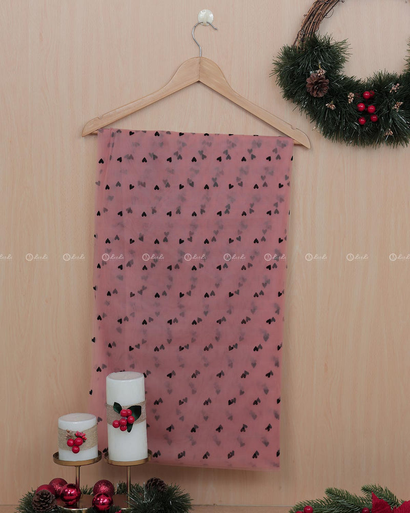 Coral Net Fabric with Black Hearts Pattern