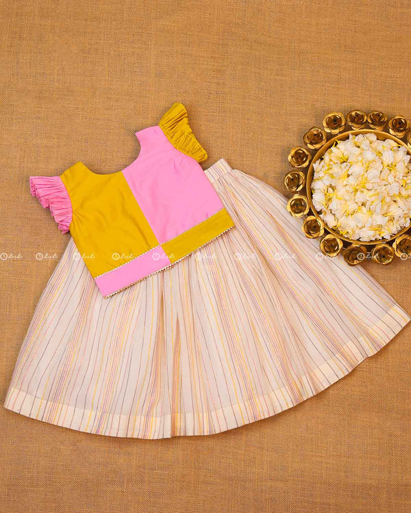 Pink and Yellow Symmetrical Ivory Color Top and Skirt.