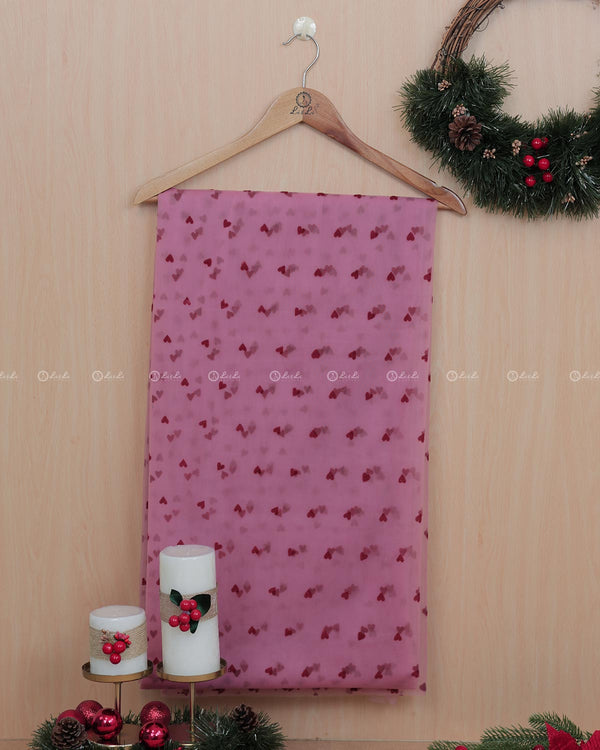 Pink Lavender  Net Fabric with Red Hearts Pattern