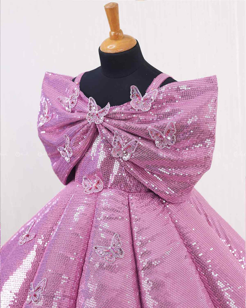 Pink Sequence Panel Gown Embellished with Small Butterfly Patches