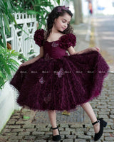 Plum Color Feather Trimmed Short Dress Highlighted With Handcrafted Butterflies.