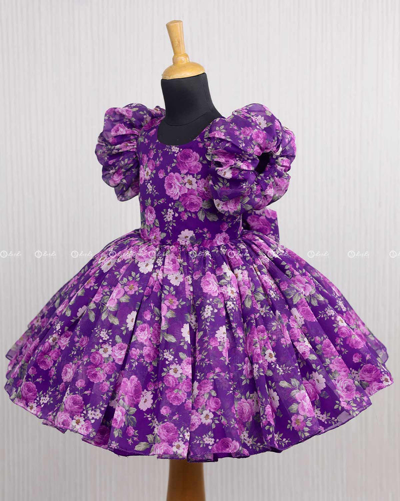 Purple and Lavender Printed Organza Short Dress.