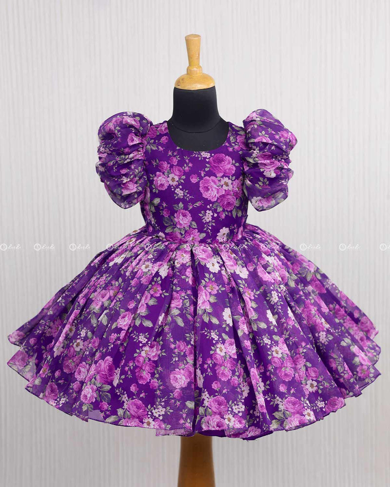 Purple and Lavender Printed Organza Short Dress.