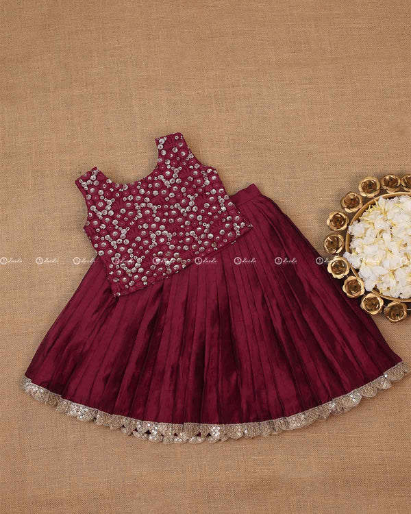 Burgundy Color Skirt with Embroidery Material Top.