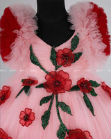 Red and Cherry Blossom Double Shaded Gown with Handicrafted Flowers and Leaves