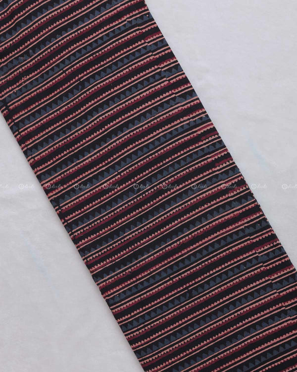 Tribal Stripes Motif Hand Block Print ed Black Cotton Fabric