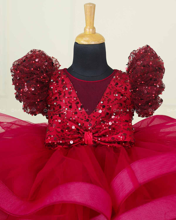 Wine red twinkle party wear frock with Pumpkin Sleeve