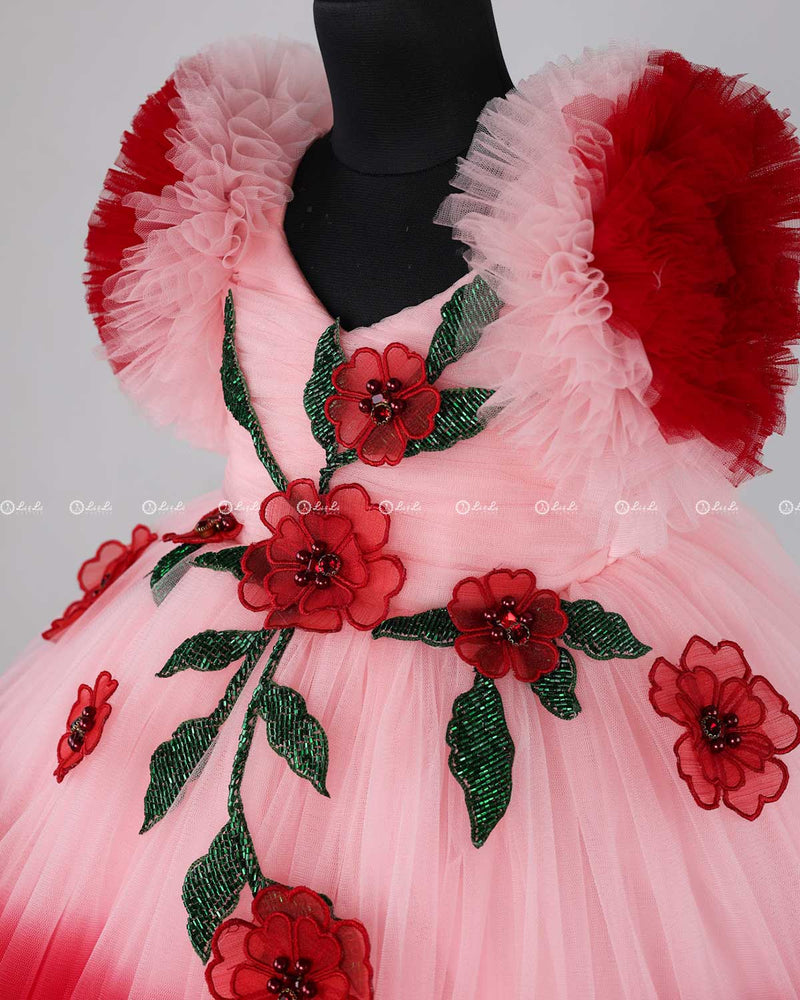 Red and Cherry Blossom Double Shaded Gown with Handicrafted Flowers and Leaves