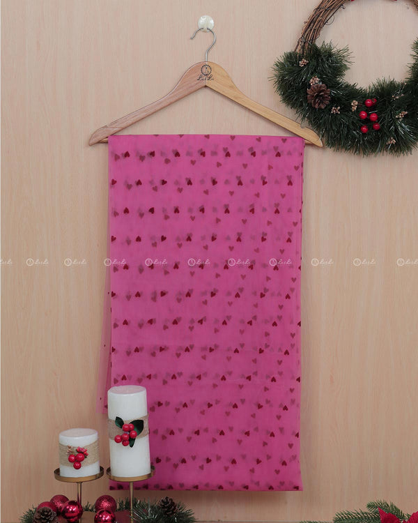 Rose Pink  Net Fabric with Red Hearts Pattern